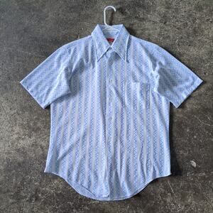 Vintage 70s Manhattan Shirt Mens M 15 White Short Sleeve Button Up Rockabilly